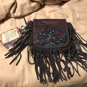 turquoise and brown purse with fringe